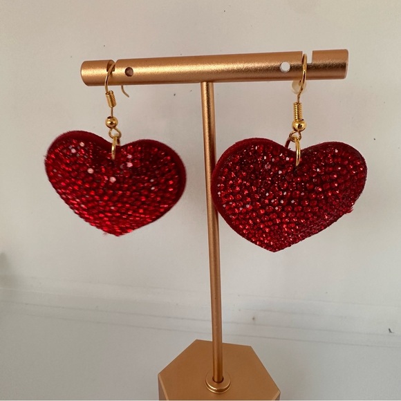 Red Rhinestone Heart Pillow Earrings | Gold Tone Statement Drop Earrings - Picture 6 of 13